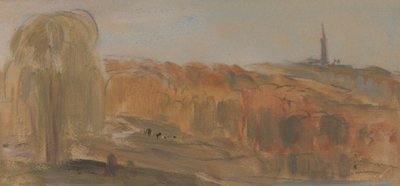 Solrigt landskab med træer og monument på en bakke af Unbekannt Unbekannt